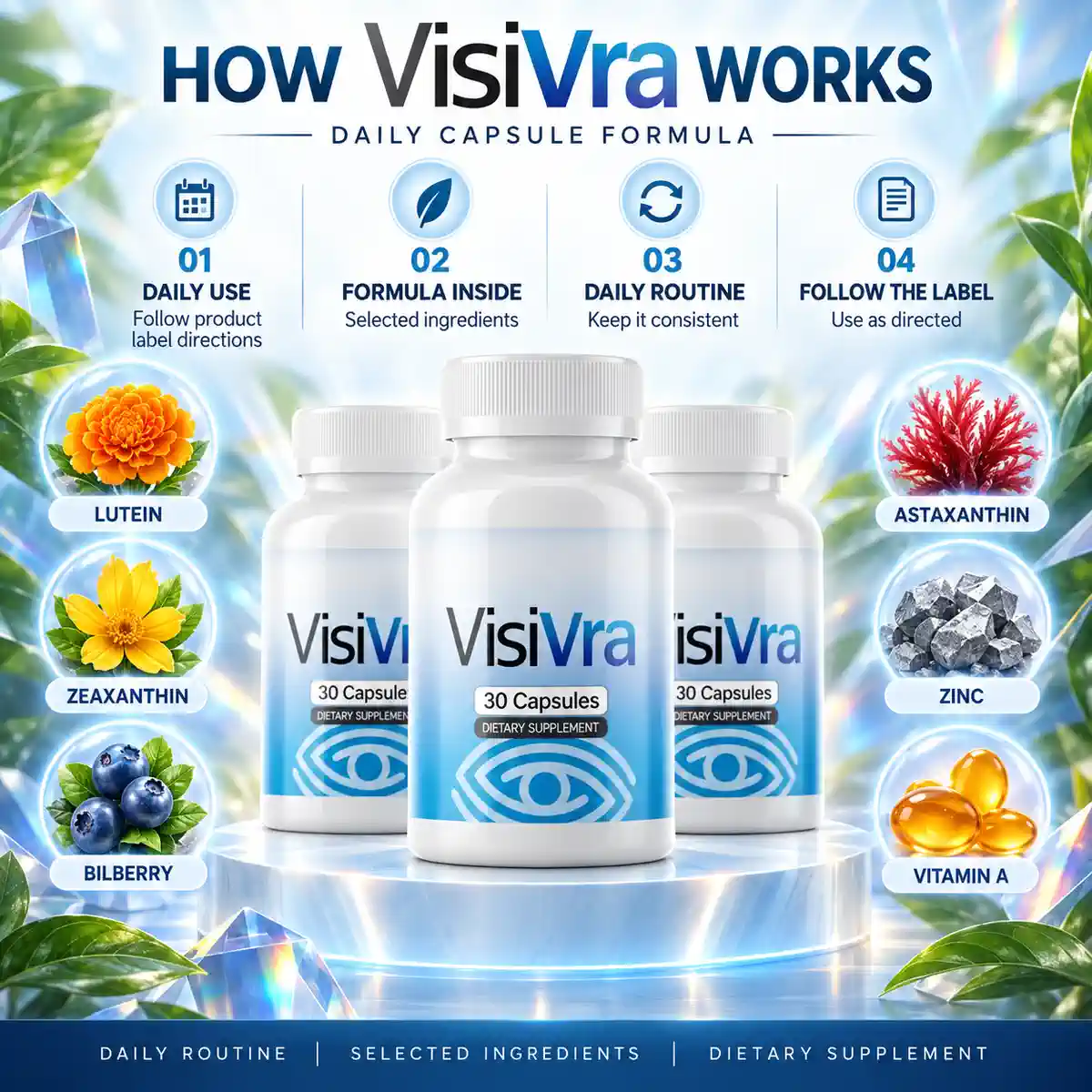 The supplier's Visivra how-it-works graphic, naming its six actives